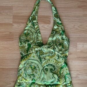 Vintage 70s Green Paisley Halter Dress - HANDMADE